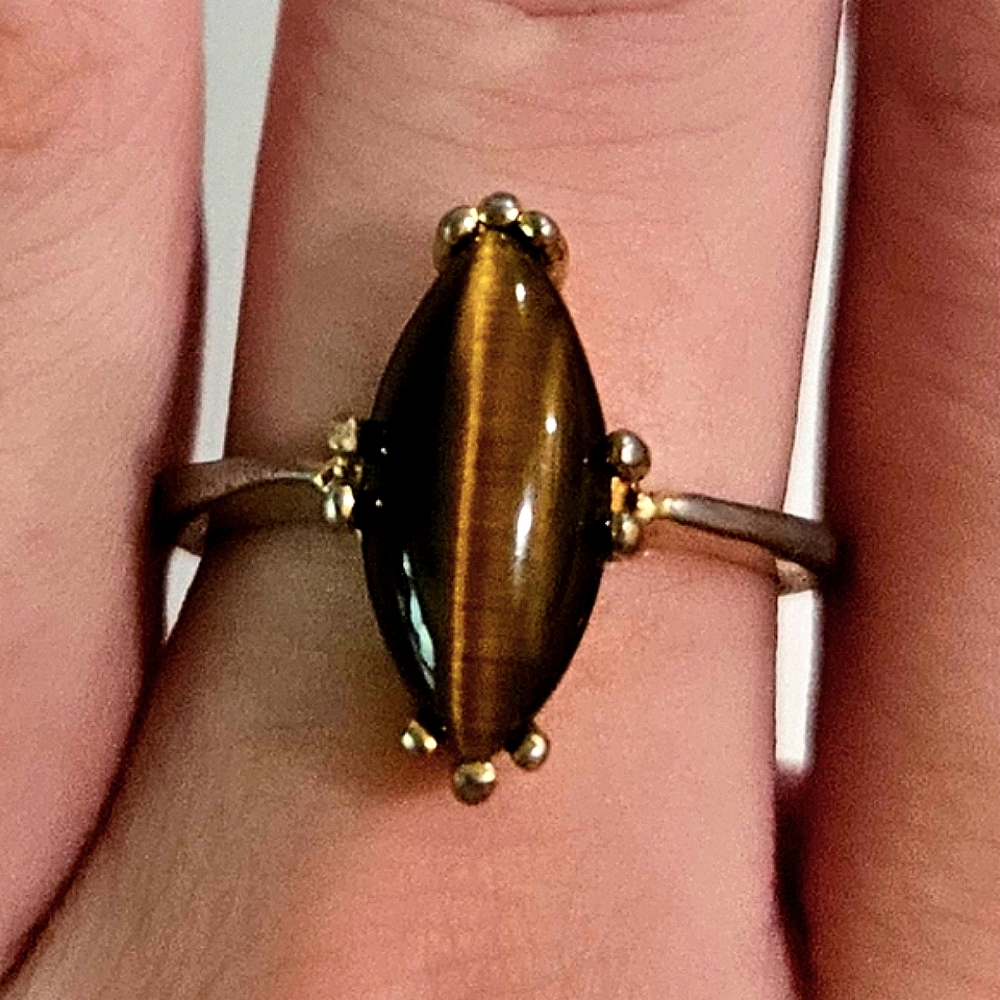 Authentic Gemstone Cats Eye Gold-Plated Ring Precious Gemstone Vintage Ring